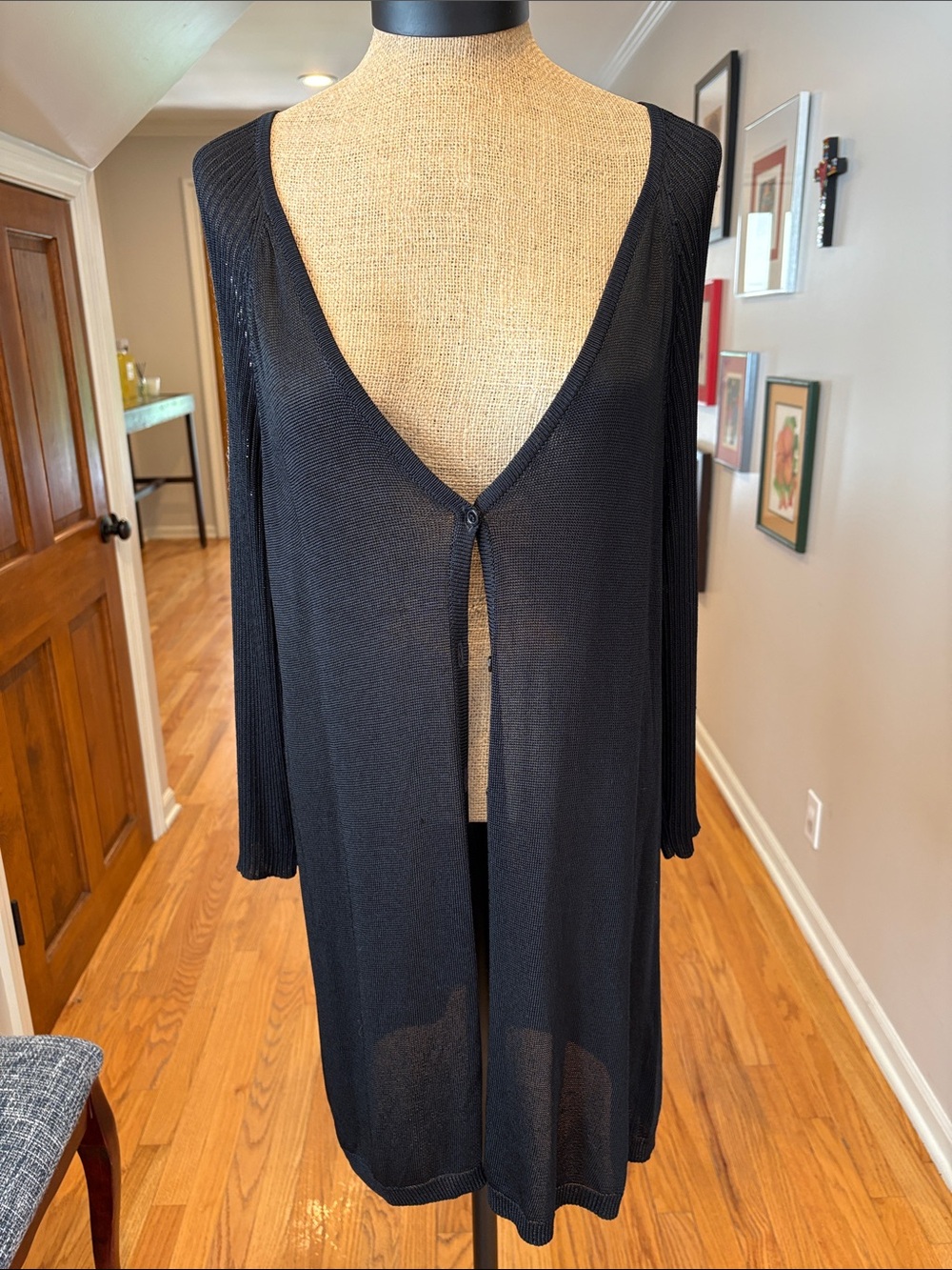 Adrienne Vittadini Black Long Sheer Knit Cardigan